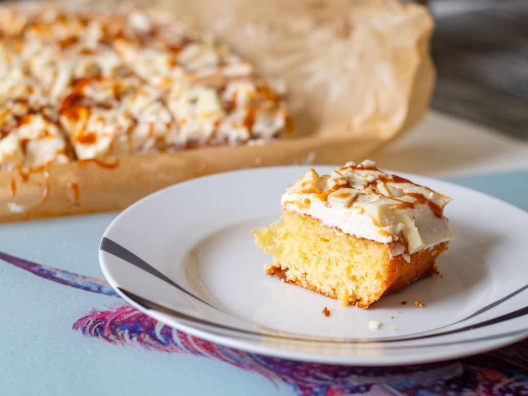 serving your biscoff and white chocolate sponge cake