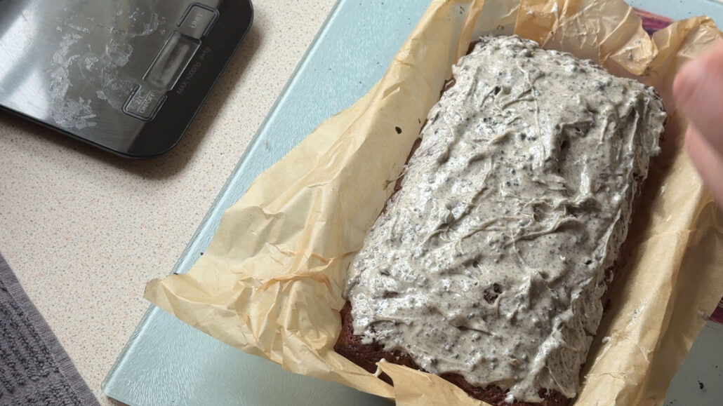 adding cookies and cream topping to my banana bread recipe